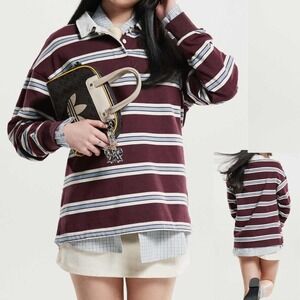 COTTON ON Oversized Long Sleeve Polo Size Small Rugby Stripe Preppy Streetwear